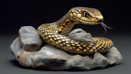 Fototapeta premium Realistic sculpture of a snake resting on rocks, showcasing intricate scales and detailed features, perfect for nature and wildlife themes in art and photography.