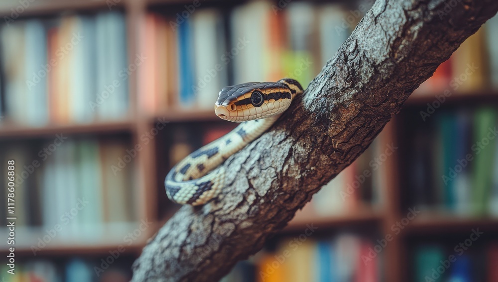 Poster serene close-up of a colorful snake draped over a textured tree branch in a cozy library setting wit
