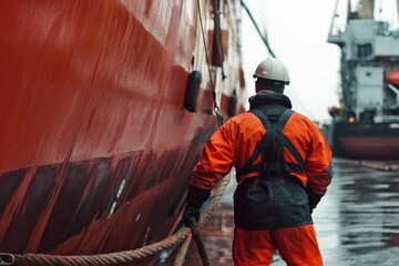Worker Managing Rope During Ship Docking Process