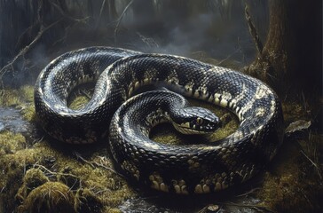 Obraz premium Serene Coiled Python Resting on Mossy Ground in Misty Forest Setting, Capturing the Beauty of Nature and Wildlife in a Tranquil Environment