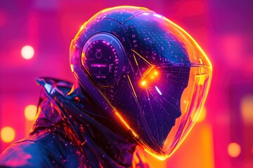 Futuristic character wearing a glowing helmet stands against a vibrant neon background