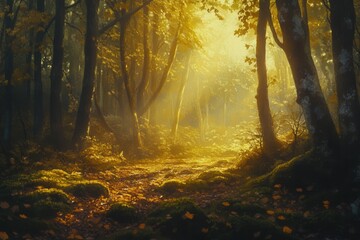 Obraz premium Golden Sunlight Illuminates Autumnal Forest Path