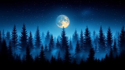 Naklejka premium Night forest scene with full moon and misty trees.