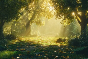 Fototapeta premium Sunlit Forest Path Autumn Leaves Golden Light
