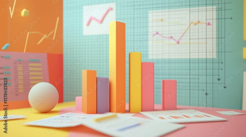 Poster an animated presentation of a d bar chart rising dynamically, illustrating the growth of sales over 