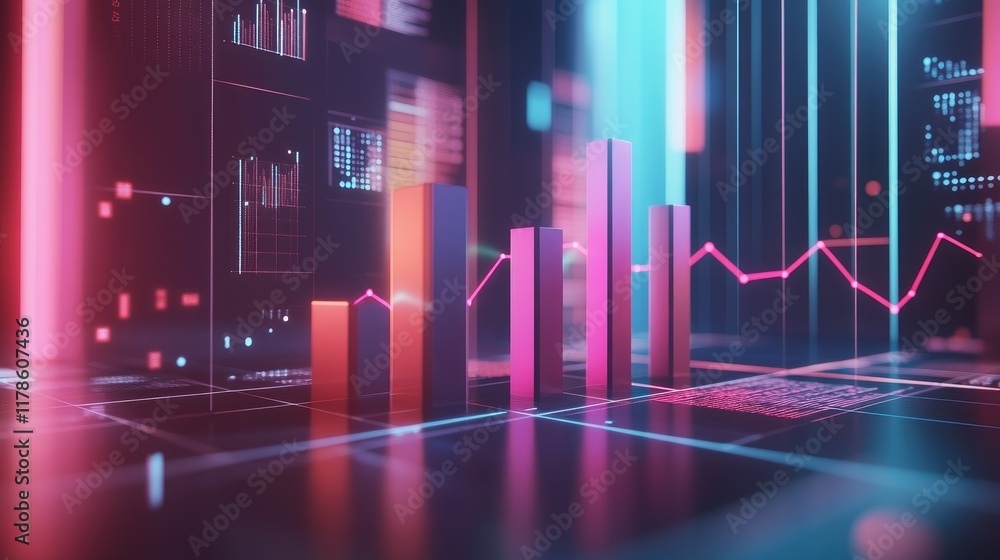 Poster an animated presentation of a d bar chart rising dynamically, illustrating the growth of sales over 