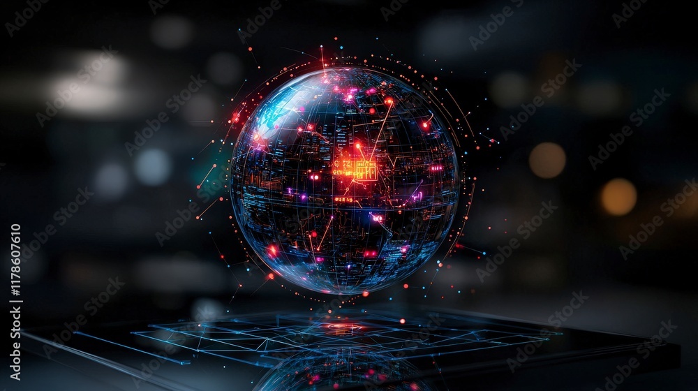 Poster futuristic holographic globe display technology hub digital art modern environment aerial view immer