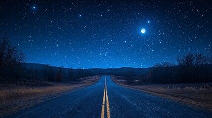 Night road stretching to horizon under a starry sky and bright moon.