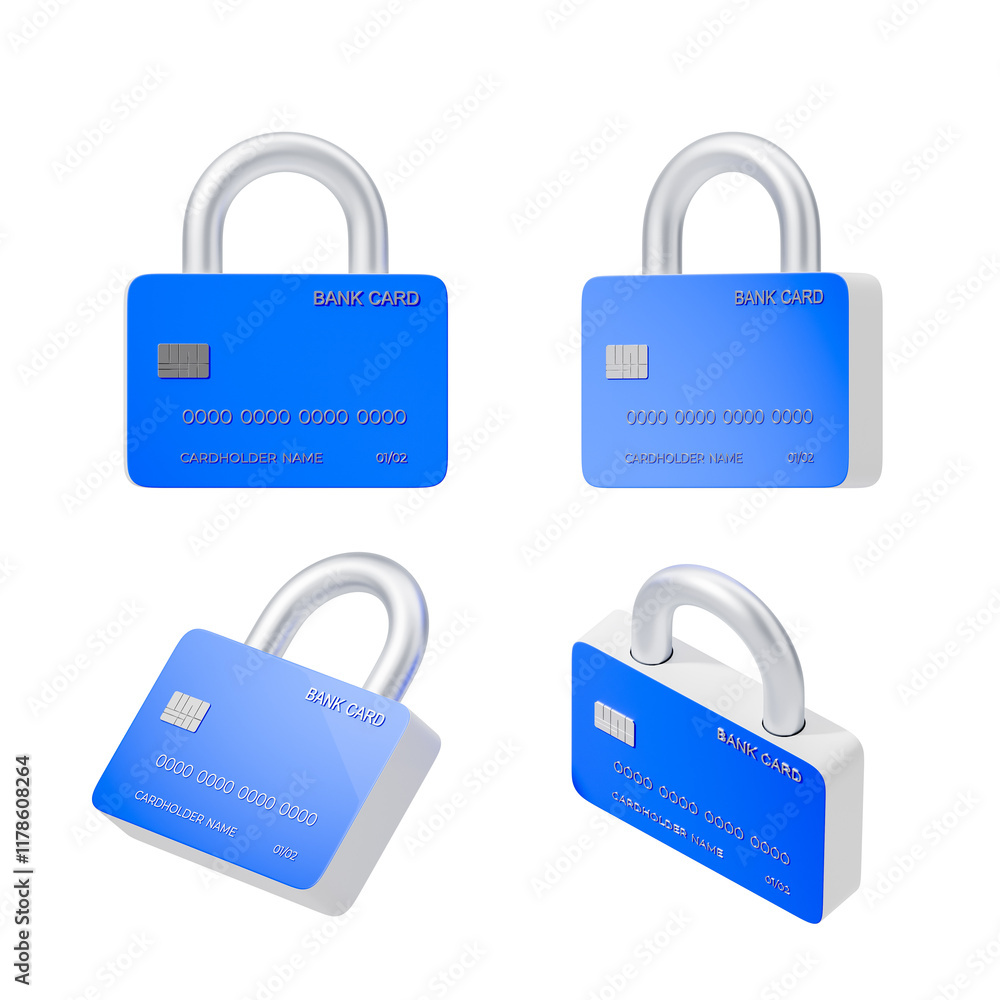 Poster blue credit card padlocks in various angles on a white background, symbolizing security and cybersec