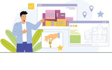 Modern Smart Home Features Illustration Concept A house with connected devices such as smart thermostats, security cameras, and voice assistants.