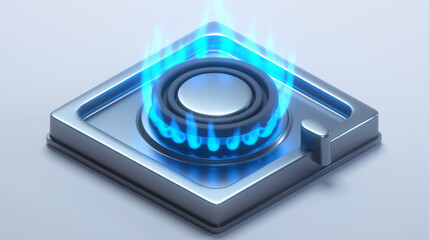 Fototapeta premium Gas stove, A realistic isometric icon, a silver-colored gas stove with a blue flame, on a pure white background, 3D rendering, high resolution and detailed.