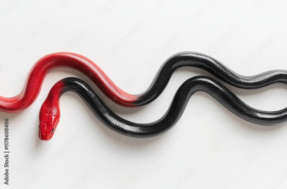 Poster striking contrast of red and black snakes curving on a white surface, showcasing unique patterns and