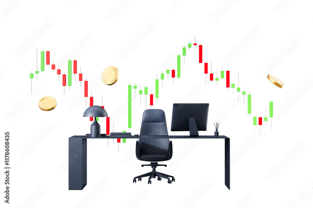 Poster modern trading desk setup featuring computer and lamp, green and red candlestick charts, floating go