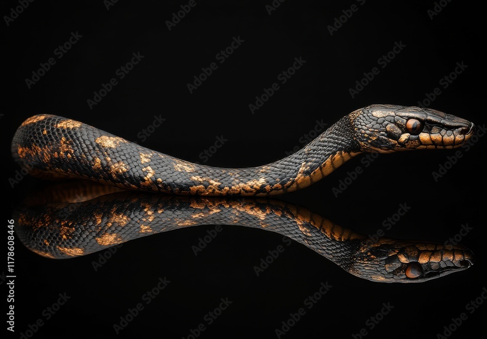 Poster stunning close-up of a black and orange snake displaying unique patterns and textures against a dark