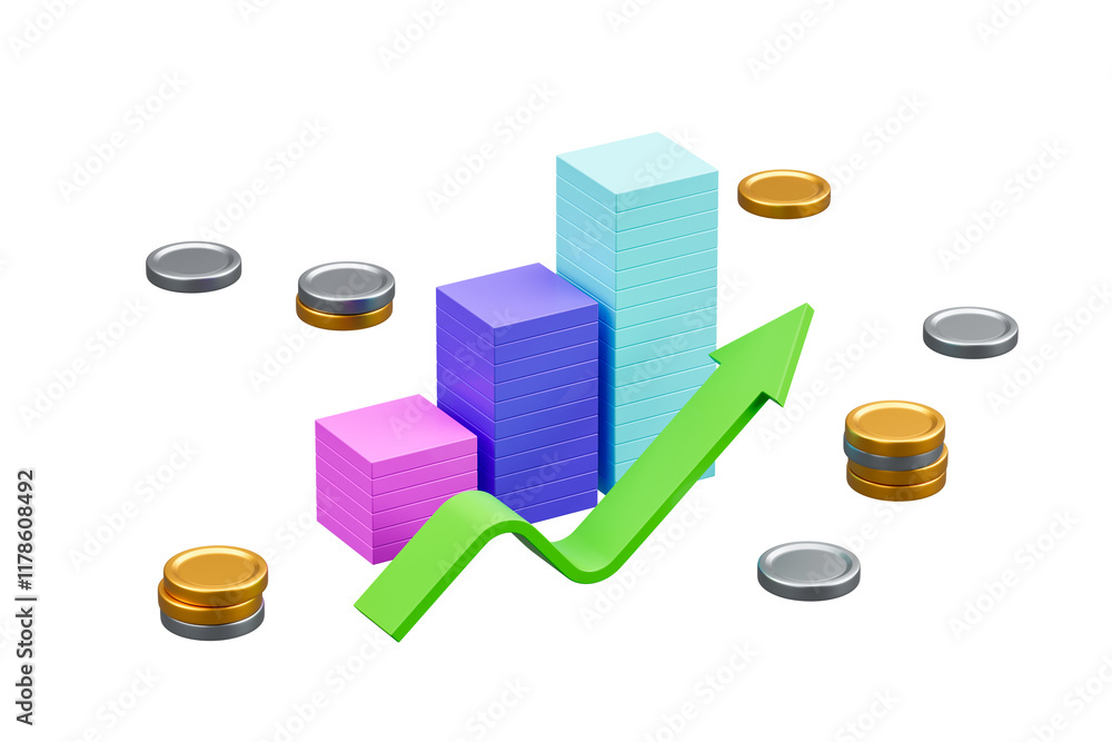 Poster 3d rendering of financial chart with colorful blocks, green upward arrow, and scattered coins on a w