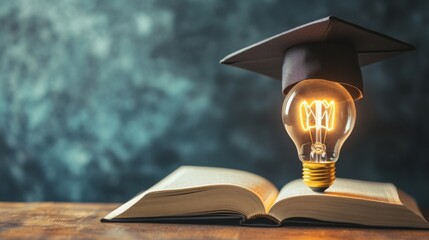 An open book with a light bulb wearing a graduation cap symbolizes knowledge, creativity, and the fusion of education and innovation.