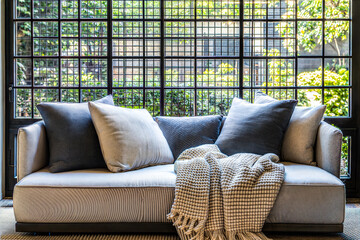Scandinavian Style Reading Nook - Cozy Sofa with Cushions and Grid Window Design