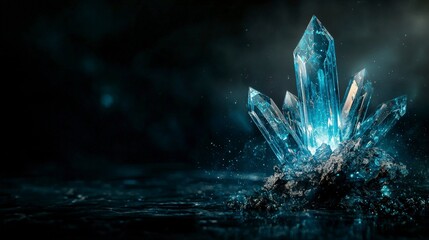 Glowing crystal formation dark environment photographic image mystical mood close-up view nature's beauty