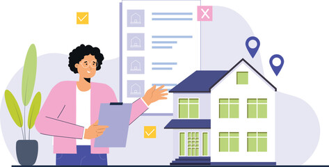 Virtual Real Estate Marketplace Illustration Design A futuristic depiction of online property browsing, with a holographic house model and user interface elements.