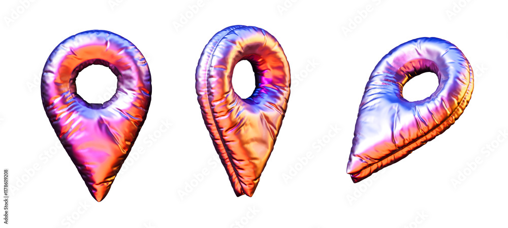 Poster set of three puffy metallic geo pins with vibrant gradient colors, shiny reflective surface on a whi