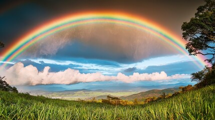 Obraz premium Vibrant rainbow over lush landscape nature photography scenic views outdoor beauty panoramic perspective