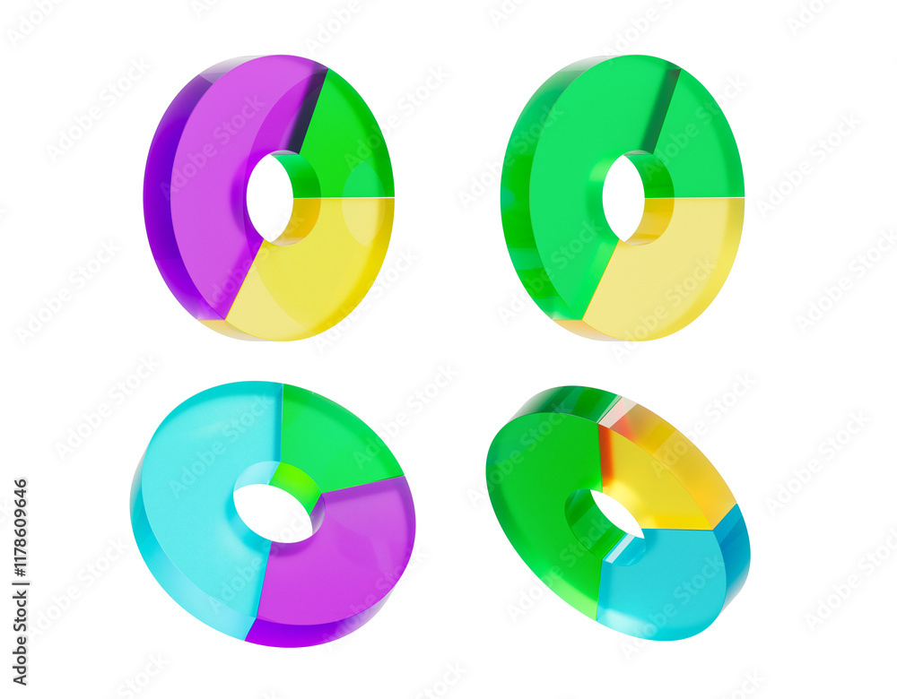 Poster colorful translucent 3d pie charts with segmented pieces, floating on a white background. concept of