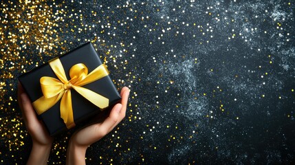 A stylish black gift box tied with a bright yellow ribbon, held by a hand over shiny gold sequins on an elegant black background with empty space.