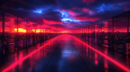 Futuristic Cityscape Reflected Pathway At Sunset