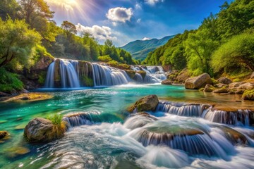 Albanian Sotira River waterfall, summer 2022: candid detail photography of cascading water.