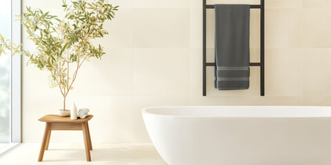 Fototapeta premium Modern bathroom interior featuring a freestanding tub and indoor plant