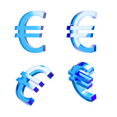 Four shiny blue Euro symbols in 3D rendering style, displayed in different orientations on a white background, symbolizing currency and finance