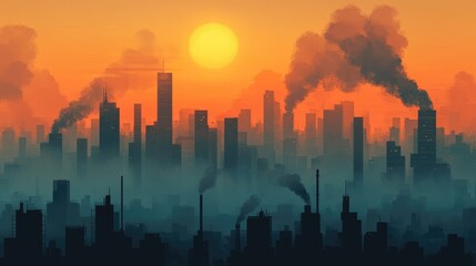 Fototapeta premium An image of a city skyline shrouded in smog and pollution, with a glaring sun overhead, depicting the urban impact of climate change and the need for cleaner energy sources.