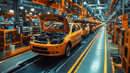 Yellow Cars Moving Along An Assembly Line In A Factory