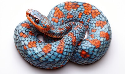 Naklejka premium Vibrant Colorful Snake with Unique Scales in Blue and Orange Shades Captivating View of Serpent Artistry and Nature's Wonder