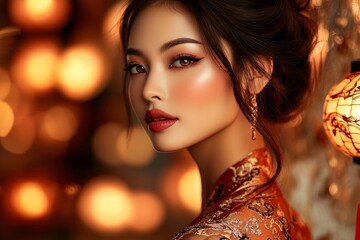 Elegant woman in traditional attire with soft lighting backdrop