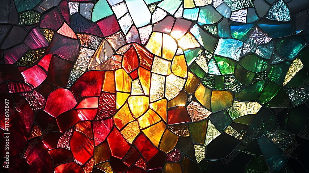 Poster a close-up view of a colorful stained glass window with a mosaic pattern. the light shines through t