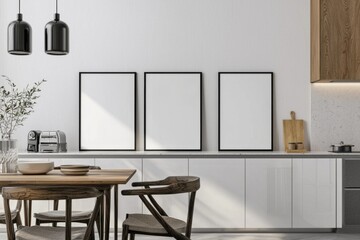 Frame mockup set in simple modern Scandinavian kitchen,