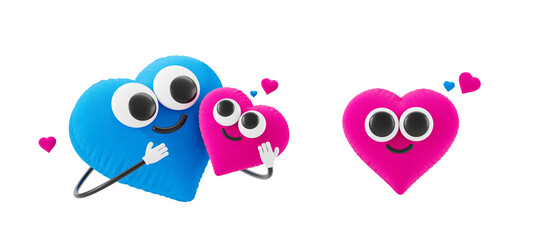 Cute blue and pink heart-shaped characters with googly eyes and arms, expressing affection and joy with small heart icons on white background. 3D Rendering.