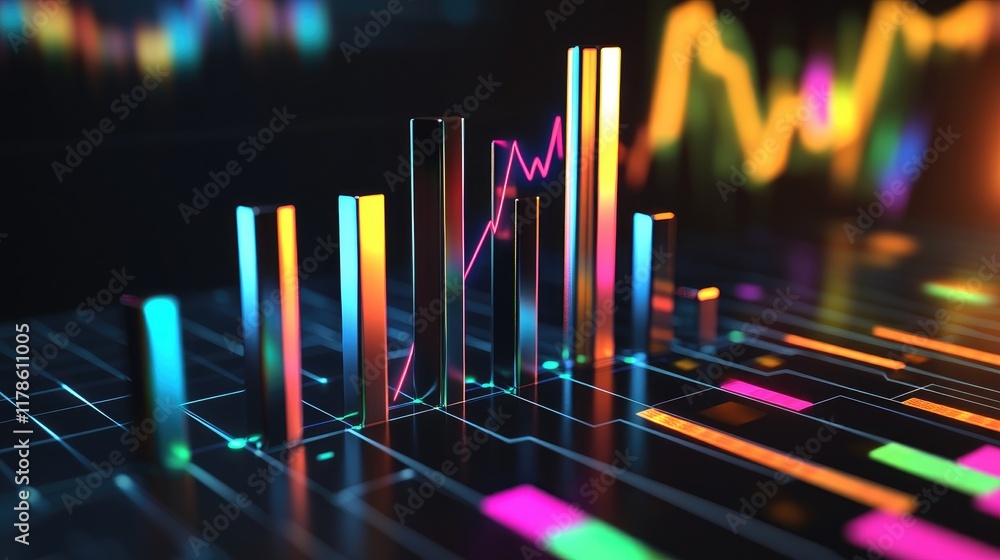 Poster a d bar chart with metallic bars rising from the ground, set against a dark background with neon-col