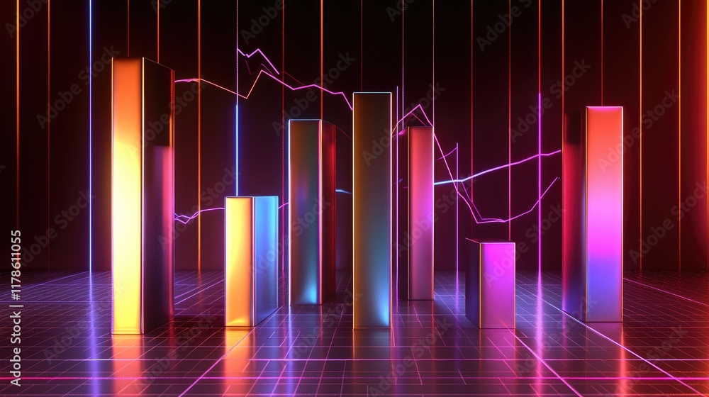 Poster a d bar chart with metallic bars rising from the ground, set against a dark background with neon-col