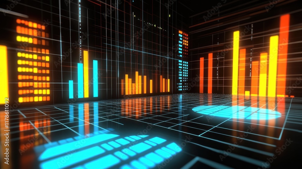 Poster a d financial chart showing bar graphs and pie charts with vivid colors and dynamic lighting effects