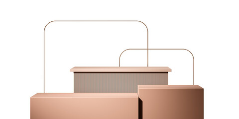 Abstract arrangement of beige podiums with gold frames, minimalist style, on a white background. Concept of modern design and luxury display. 3D Rendering.
