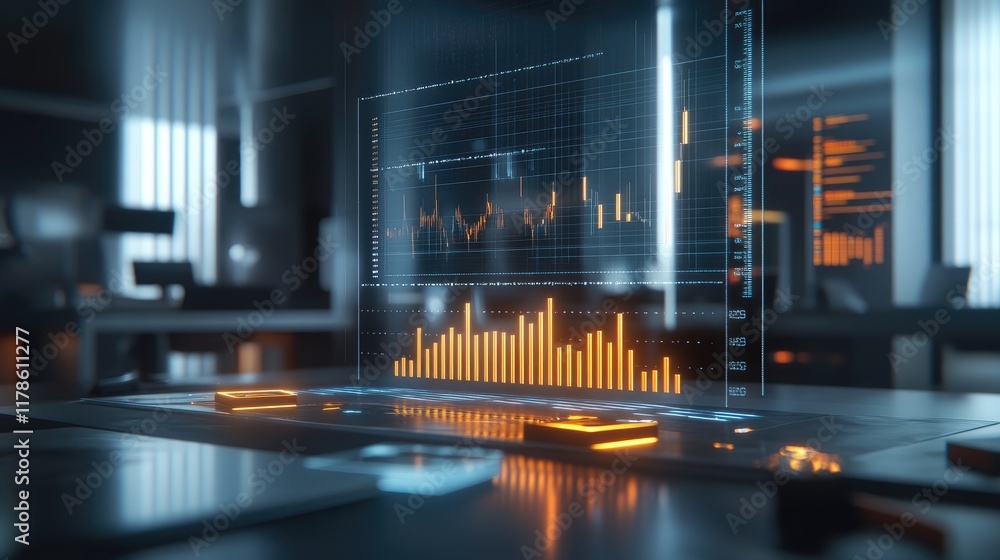 Aufkleber a d financial chart with rising bars and line graphs, each labeled with financial metrics, floating 