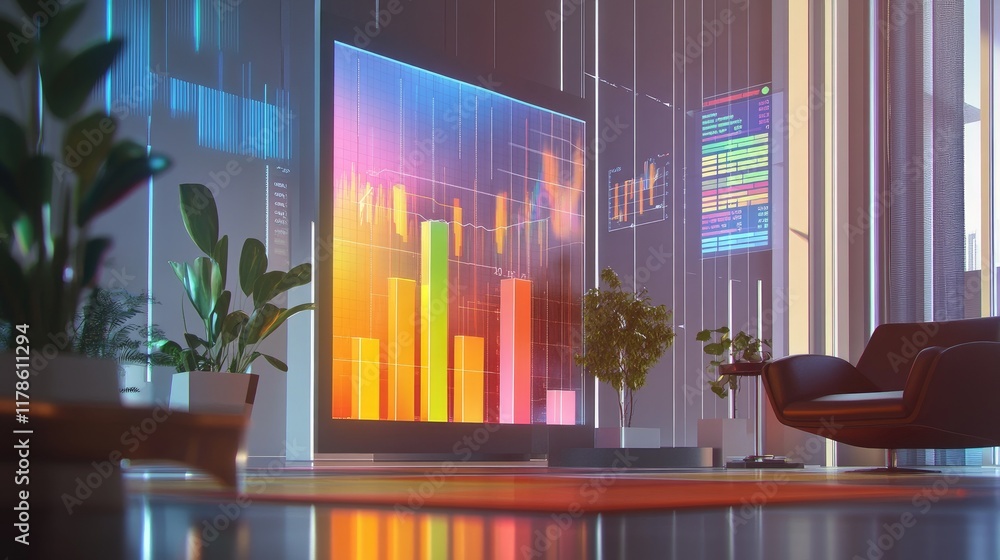 Aufkleber a d financial chart with rising bars and line graphs, each labeled with financial metrics, floating 