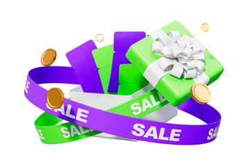 Gift boxes in green and purple with sale ribbons and gold coins, floating on a white background. Concept of online shopping and discounts. 3D Rendering.