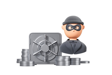 Cartoon thief wearing a mask beside a secure steel vault and stacked coins on a white background. Concept of security, theft, scam, and piracy. 3D Rendering.