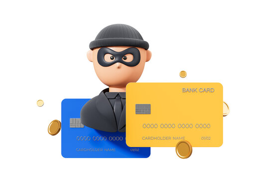 Cartoon thief withmask holding yellow and blue bank cards, surrounded by gold coins on white background. Concept of online scams and theft. 3D Rendering.