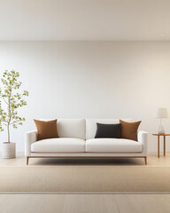 Modern living room with minimalist design featuring a white sofa and natural decor elements