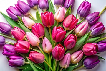 Obraz premium Atop a white backdrop, pink and purple tulips create a vibrant flat lay, captured under the night sky.