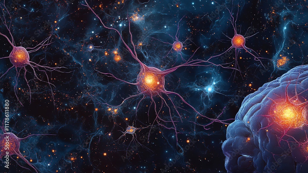 Poster a close-up, abstract representation of neurons, with one neuron in the center and a small portion of